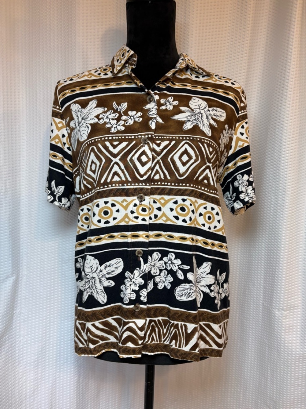 Alfred Dunner Short Sleeve Button Down Blouse Hawaiian Tropical Tribal  Petite 8